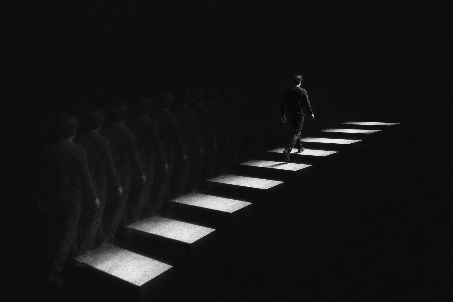 A person moving along illuminated steps, leaving traces of repeated action behind