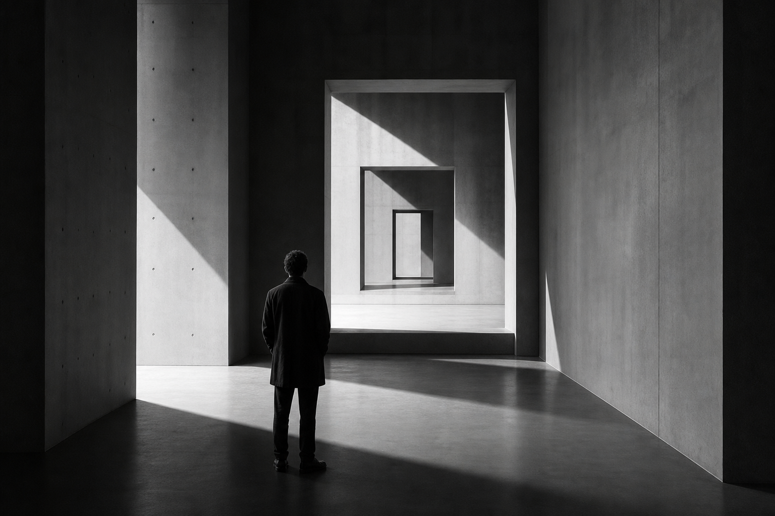 A person facing a sequence of illuminated frames, representing an internally grounded point of view